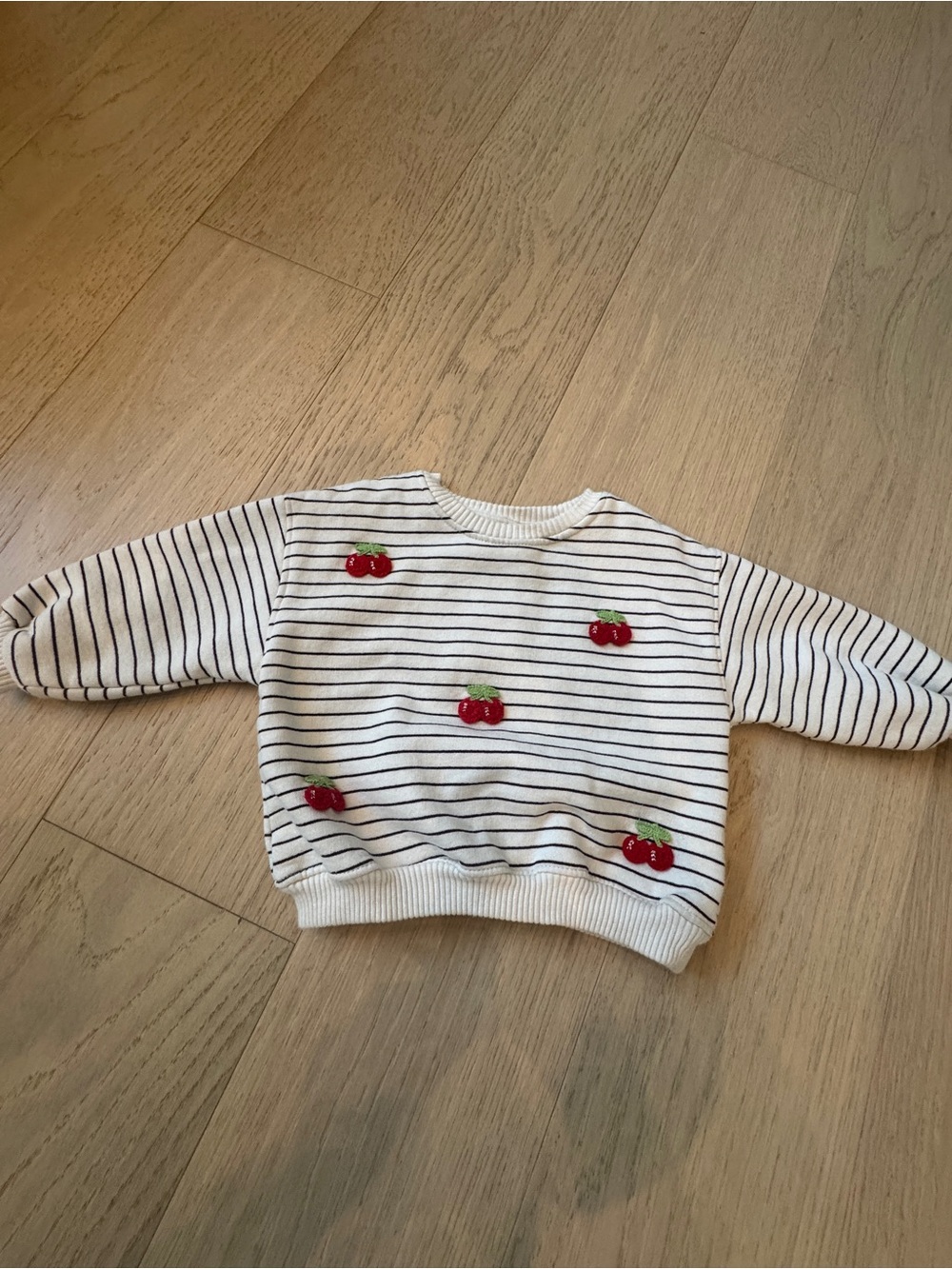 Zara Cream and Black Striped Sweatshirt with Red Cherry Embroidery